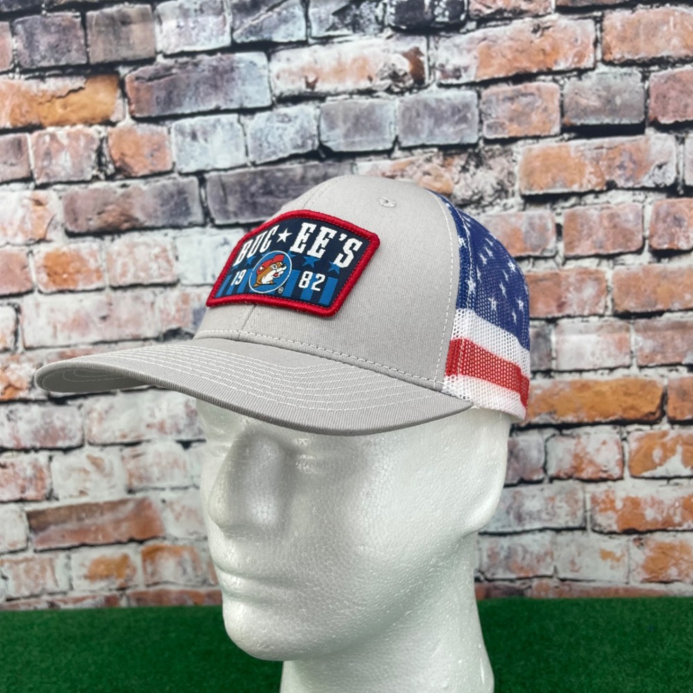 Buc-ee's American Flag Mesh Trucker Hat Gray Red White Blue Snapback Cap OSFM